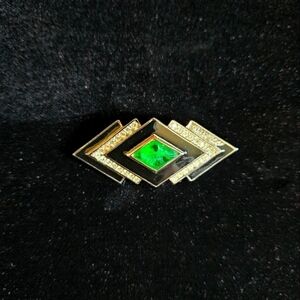 Vintage Dior Art Deco Swarovski Crystal, Black Enamel with Green Stone Broach